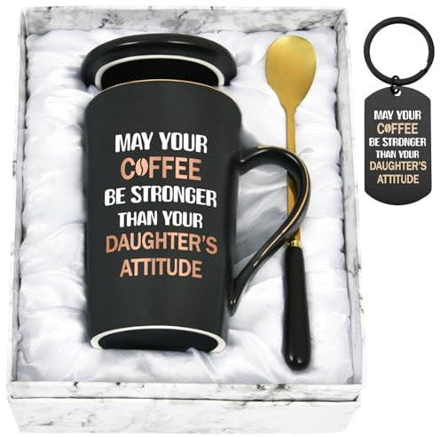 Joymaking Gifts for Dad May Your Coffee Be Stronger Than Your Daughters Attitude Dad Coffee Mug with Keychain from Daughter Christmas Birthday Gifts Fathers Day, 14Oz Black