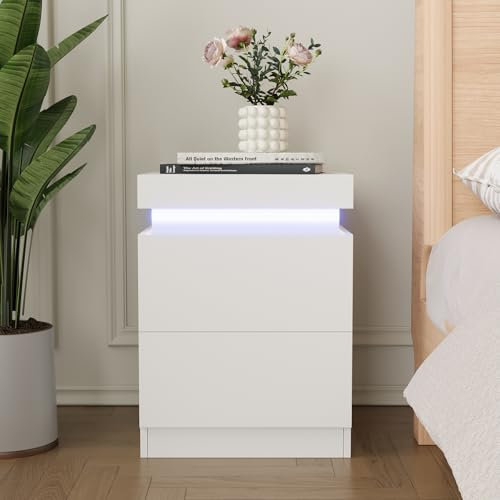YOURLITE Bedside Table with 2 Drawers, Modern Bedside Cabinet with Charging Station and LED Lights, Nightstand with Sliding Top, Bed Cabinet Chest of Drawers Living Room Bedroom Furniture White