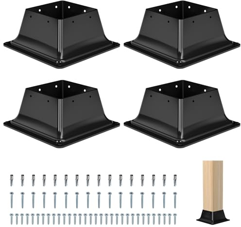 4x4 Post Base 4Pcs-Inner Size 3.6x3.6-Heavy Duty Metal Post Brackets-Deck Post Anchors-Solid Steel-Powder Coated-Wood Post Holder for Porch Handrail Railing Pergola Fence Pavilion-Support Deck Base