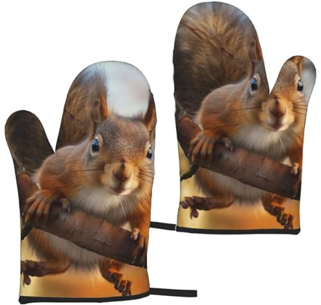 Ofenhandschuhe mit Eichhörnchen-Motiv, 2 Stück, hitzebeständige, wasserdichte Stoff-Ofenhandschuhe für Küche, Backen, Grillen, ideales Geschenk