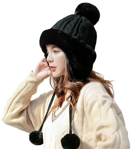 haozaikeji Fliegermütze Damen Mädchen Trapper Warm Strickmütze mit Ohrenklappen Damenmütze Plüsch Gestrickt Trappermütze Winter Winddicht Fleecemütze für Outdoor Radfahren Skifahren