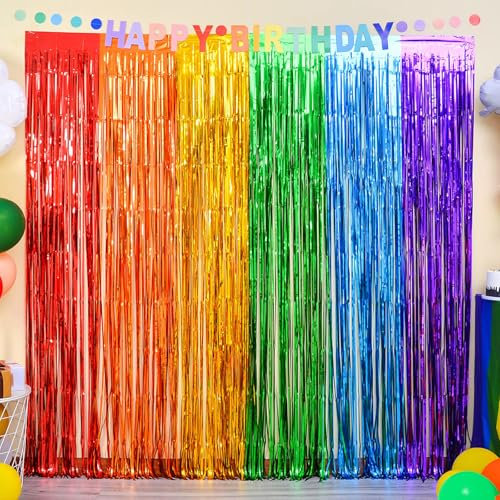 2 Stück Schulkind Lametta Vorhang Regenbogen, Glitzervorhang Lametta, Glitzer Vorhang Rainbow Folien Fransen Hintergrund für Geburtstagsdeko Mädchen Weihnachten LGBTQ Party Regenbogen