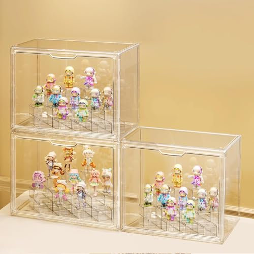GUDEMAY stapelbare Acryl Vitrine mit Stufen, staubdichte Schaukasten, transparente Display Aufbewahrungsbox Ideal für Minifiguren, kleine Modelle, Sammlerstücke, Spielzeug & Blindbox (3er-Set)