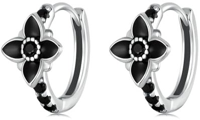 Kerraom Damen Creolen Ohrringe Schwarz 925 Sterling Silber Blumen Creolen mit Zirkon Stein Hypoallergene Gothic Ohrstecker für Frauen Schwarze Silberohrringe Geschenk für Freundin Tochter