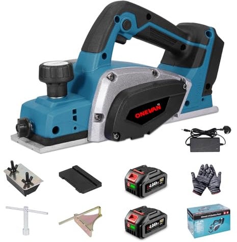 Electric Cordless Planer Wood Batteries Planer Tools - with 82 mm Planing Width 2 mm Chip Depth, Electric Hand Planer for Furniture DIY(Incl. 2 Batteries)