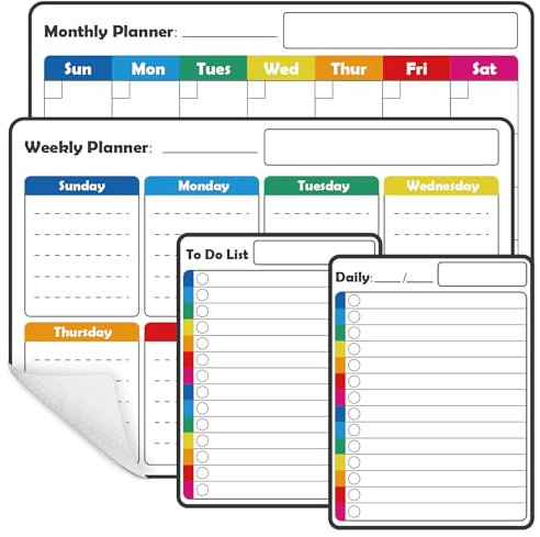 4-Pack Non-Magnetic Whiteboard Calendar Set – Monthly, Weekly, Daily, to-Do List Planner –Whiteboard Calendar for Fridge, Wall, Glass, Door; Family, Office, Schedule Self Adhesive Wall Planner