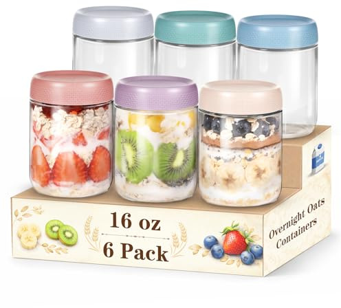 SECLENT 6 Pack Overnight Oats Containers with Lids, 16oz Wide Mouth Mason Jars, Suger Bowls, Glass Food Containers with Airtight Lids for Overnight Oats Jars for Yogurt, Meal Prep, Chia Pudding