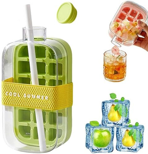 My Crush Cup Ice Cube Bottle, 800ml Ice Bottle Cup Ice Crush Cup with Straw, 2 in 1 Ice Cube Tray with Lid, Release & No Touching, Coffee, Juice, and Beverages (Green, 800ML)