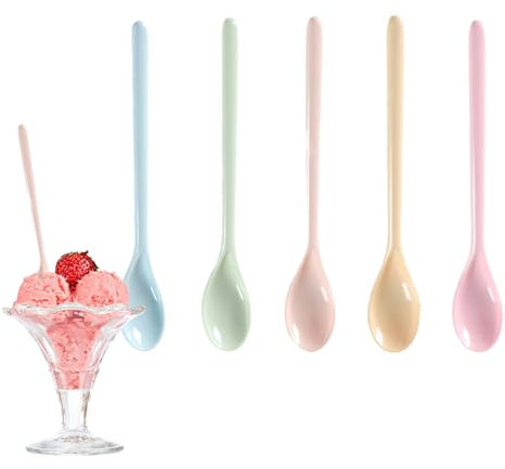 SHENGYIG 5 Stück-Set Plastiklöffel Lang, Melamin Joghurtlöffel, Farbige Dessertlöffel, Keramikimitierendes Design Marmeladenlöffel, für Kaffee, Eier, Joghurt