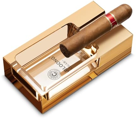 CIGARLOONG Cendrier à Cigares en Verre Cristal, Élégant Porte-Cigare Cendrier Verre Transparent pour Extérieur, Terrasse, Maison, Bureau (Doré)