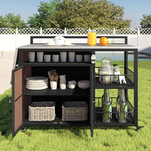 Zjjseloru 63.5 Dark Brown Outdoor Kitchen Island with Foldable Side Table - BBQ Grill Cart w/Ample Storage, Bottle Opener & Spice Racks for Patio, Backyard, Outdoor Cooking