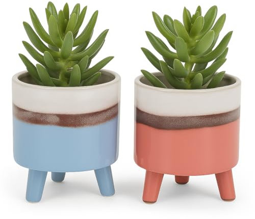 Muddy Hands Set of 2 Colourful Blue & Pink Ceramic Planters with Legs Indoor Home Decorative House Plant Pot Cover Holder