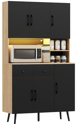 HOMCOM Buffet Cuisine avec lumière LED RGB contrôlé APP, Meuble Cuisine Rangement Haut avec Plan de Travail, 6 Portes, 2 tiroirs, Compartiments Ouverts, étagères réglables, 100x40x176cm, Noir