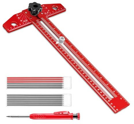 Flintronic T-Square Lineal, 350mm Multifunktional Holzbearbeitungs-Messwerkzeuge, Erstellbarer Winkel 0-180° Holzbearbeitungslineal mit Tieflochmarker Bleistift und 12 Minen, T Quadrat Messlineal