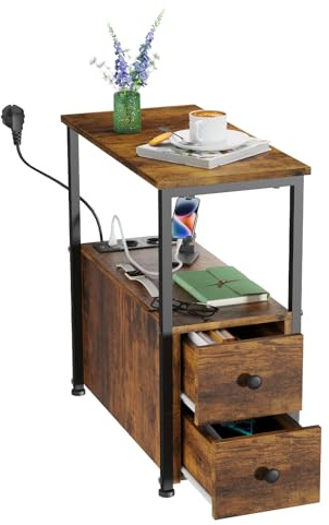 PIPIPOXER Beistelltisch mit Ladestation,Nachttisch schmal mit Steckdose, Nachttisch mit 2 AC-Anschlüsse, 2 USB-Anschlüsse für Wohnzimmer, Schlafzimmer (Braun, 1er Set)