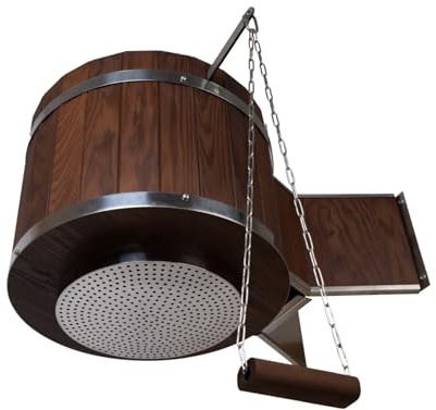 Wasserfall-Schwalldusche COOLER 35 l aus Thermo-Holz & Edelstahl | festmontierte Regenfall-Dusche für Sauna-Kontrastguss | automatischer ½″-Füllanschluss | Saunazubehör