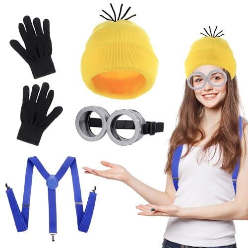 TIVUNORON Gelbes Karneval Kostüm Erwachsene, Fasching Gelbes Kostüm Zubehör, Mütze, Brille, Hosenträger, Handschuhe
