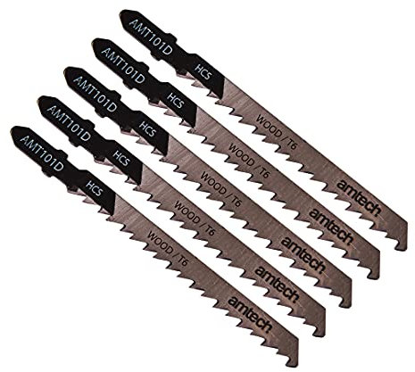 Amtech 5pc Wood Jigsaw Blade Set (AMT101D), HCS T-Shank, 100 mm, 6 TPI for Fast, Straight Cuts in Softwood and Sheet Goods (10 45 mm)