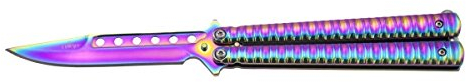 THIRD Navaja de Abanico 16071W Hoja de Acero INOX con Agujeros bañada en Titanio Rainbow Brillante de 11.5 cm, Mango de Acero INOX con Efecto Olas bañado en Titanio Rainbow Brillante.