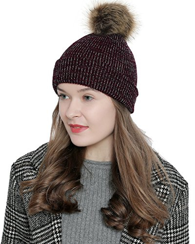DonDon Damen Winter Mütze Bommelmütze dunkelrot-schwarz mit silber