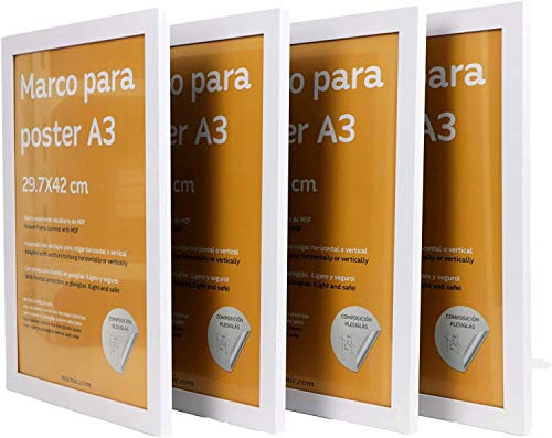 Nacnic - Pack 4 Marcos de Madera MDF Blanco y Vidrio Acrílico | Protección y Expositor de Fotografías, Láminas, Pósters, Cuadros y Decoración para Salón, Dormitorio u Oficina | A3 (29,7x42 cm)