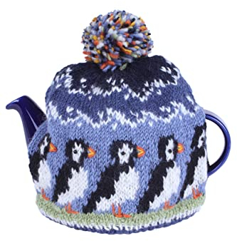 Pachamama Handknitted Medium 4-6 Cup 1.2L Wool Tea Cosy/Teapot Cover - Puffin Pattern Insulated Handmade Fair Trade Multicoloured