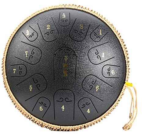 Wsaman Stahl-Zungentrommel Trommel D-Dur, 15 Töne 14 Zoll Percussion Instrument Lotu Drum Handpan Drum Ethereal Drum leicht zu erlernen mit Drumsticks für Camping Meditation Yoga schwarz