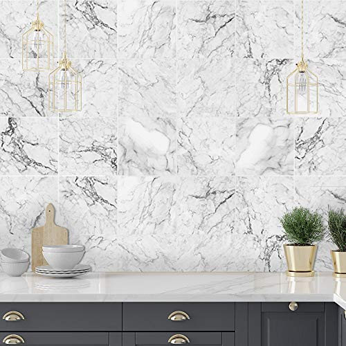 Floor Wall Tile Transfers Sticker for Home Decor, Peel & Stick self-Adhesive splashback, Tile Decals for Living Room Kitchen Bathroom Decor,15cmX15cmX 10 Pieces, White Marble Tile Sticker