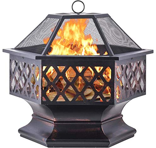 MHGLOVES Feuerschale Für Den Außenbereich, Sechseckige Feuerkorb Garten Feuerstelle Mit Grillrost Für Heizung/BBQ, Feuerschalen Für Den Garten Strand Terrasse, 62X62x56cm