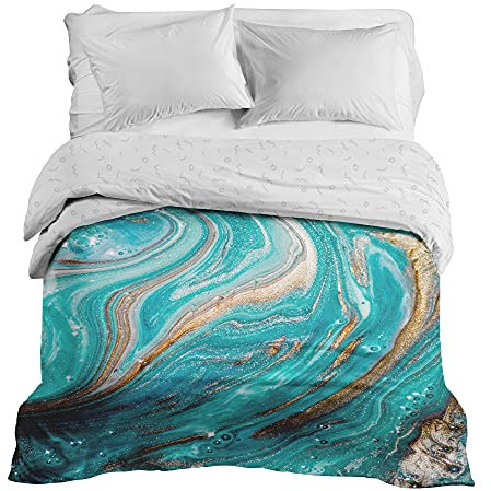 Gravity Gewichtsdecke Bezug - Schlaufen Bezugssystem mit Reißverschluss Baumwolle Deckenbezug für Erwachsene/Jugendliche Größe 150x220 cm Wellen blau Gold