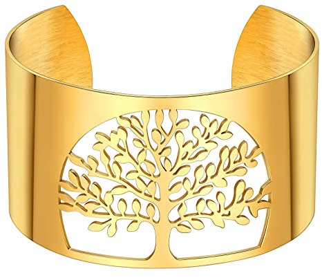 FOCALOOK Bracelet Large Femme Manchette Arbre de Vie Plaqué Or 40MM