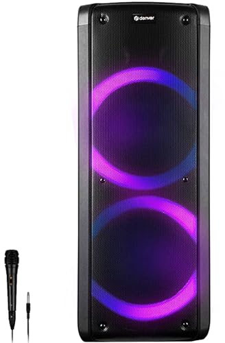 Denver Leistungsstarker Bluetooth-Lautsprecher – Disco-Lichter – Karaoke-Lautsprecher mit Mikrofon – Doppelwoofer von 6,5 Zoll – tragbarer Lautsprecher – TWS/AUX/USB/SD – BPS-352 – Schwarz