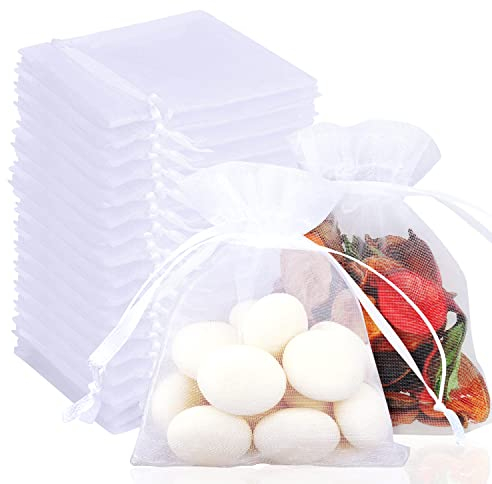 Kimsky 120 Stück Kleine Organzasäckchen, 7 * 9 cm Weiß Organza Zum Befüllen Beutel, Kordelzug Geschenkbeutel Schmuck Säckli, Lavendel Säckchen, Bonbons Taschen für Hochzeit Festival Party Weihnachten