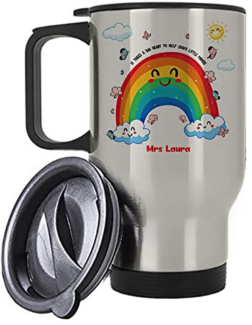 Personalised Rainbow Theme It Takes a Big Heart to Help Shape Little Minds Birthday, End of Term, Thanks-Giving Travel Silver/White Tea/Coffee Mug. (Silver)