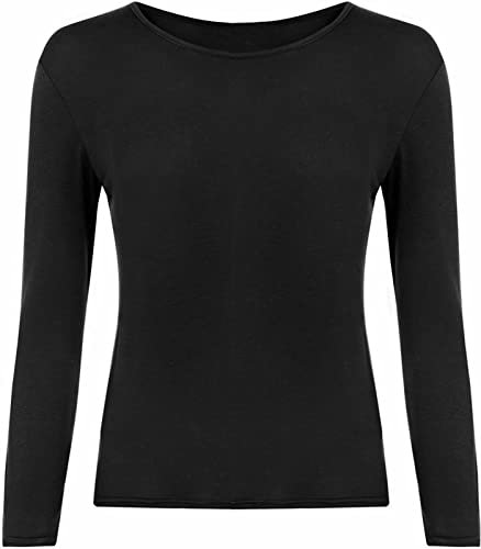 Crazy Fashion Long Sleeve Plain Tshirts for Women UK Round Scoop Neck Stretchy Formal Casual Basic Slim Fit Jersy Ladies Tee Top Plus Size 8-22 Black
