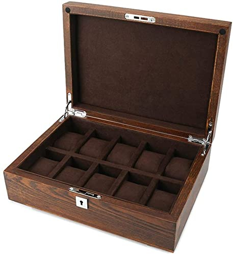 UZOURI Uhrenbox Luxus 10 Uhrenfach Abschließbare Holz Uhrenbox Reise oder Schaufenster Display Schmuck Armband Sammelbox, Braun
