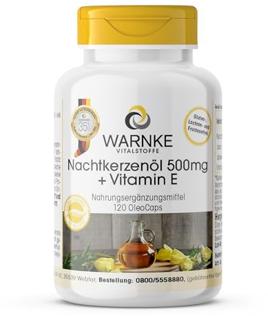 Nachtkerzenöl 500mg + Vitamin E - 120 OleoCaps Kapseln aus eigener Herstellung - Mit Linolsäure und Gamma-Linolensäure - hochdosiert, vegan | Warnke Vitalstoffe - Deutsche Apothekenqualität