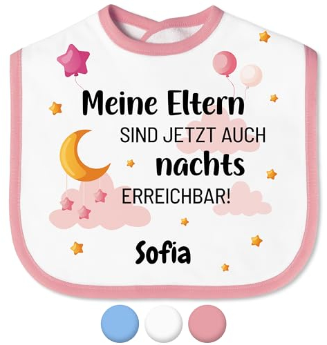 Baby Lätzchen „Eltern sind nachts erreichbar“ mit Namen personalisiert für Mädchen & Jungen - mit Klettverschluss – Spucktuch Latz Kinderlätzchen – Baby-Geschenke Taufgeschenke (Saum Rosa, Rosa)