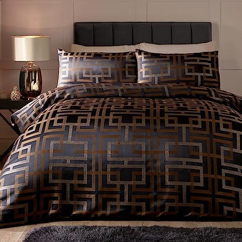 Soiree - Black Luxury Meander Duvet Cover - King Size (230 x 220cm) - 2x Pillowcases - Black Geometric Bedding - Metallic Yarn Greek Fret Bedding