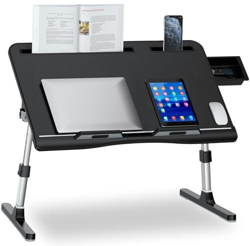 EVETTO Bureau de lit pour ordinateur portable – 2 butées, table de lit en cuir PVC avec 5 hauteurs et 4 angles réglables, grand bureau pliable pour ordinateur portable avec tiroir pour