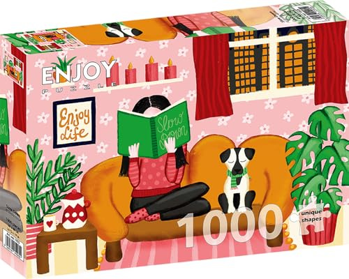 1000 Pieces Jigsaw Puzzle for Adults – Matte Finish, Soft Touch, Sturdy and Unique Pieces, Tight Fit, Vivid Colors, Missing Pieces Service – Girl Evening with Book Reading, Dog and Tea by ENJOY Puzzle