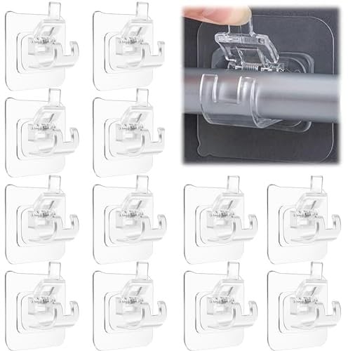 Self Adhesive Curtain Rod Bracket, 12PCS Nail Free Adjustable Rod Bracket Holders, Towel Rod Fixing Rod Holder, Curtain Pole Brackets for Home Kitchen Bathroom Hotel (Transparent)