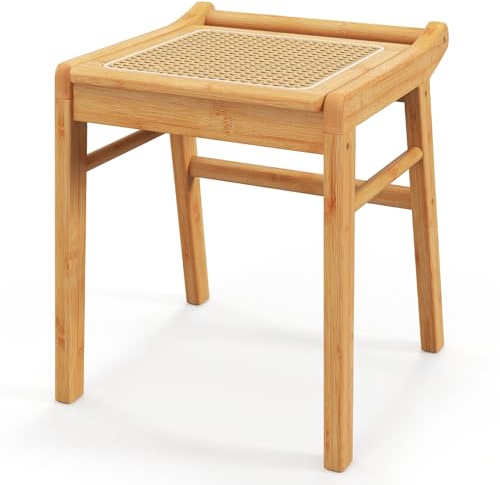 HOMASIS Taburete tocador de Maquillaje de bambú, Banqueta con Asiento de bambú y ratán con Capacidad de Carga de hasta 120 kg, Silla cosmética pequeña para tocador, salón, Dormitorio, 38x40x43cm