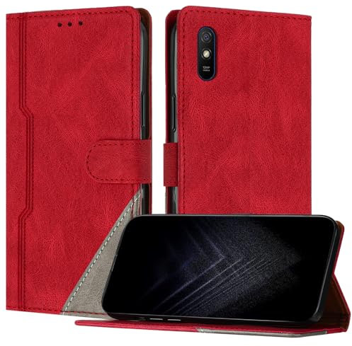 Netany Étui pour Xiaomi Redmi 9A, Housse en Cuir PU avec [Protection Antichoc TPU] [Fonction Support] [Porte-Cartes ] Antichoc Magnétique Coque pour Redmi 9A - Rouge