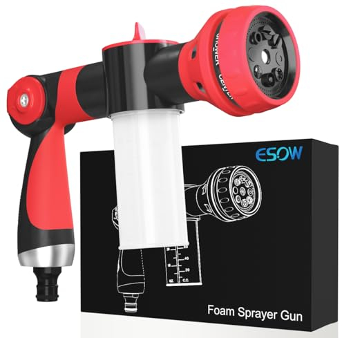 ESOW Garden Hose Nozzle, High Pressure Foam Sprayer Gun 8 Way Spray Pattern with 3.5oz/100cc Soap Dispenser Bottle, Snow Foam Gun for Car Wash, Watering Plants, Lawn, Patio, Red