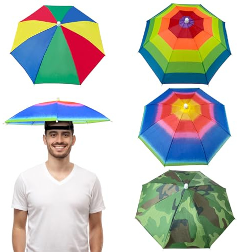 Guyuyii 4-Pack Hands-Free Umbrella Hat with Adjustable Headband - Sun Shade & Rain Cap for Gardening, Fishing, & Dog Walking - Comfort Fit for Outdoor Festivals, Camping & Gag Favors for Kids, Adults