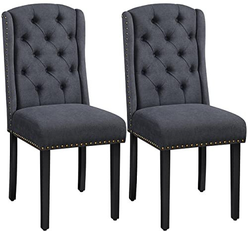 Yaheetech Lot de 2 Chaises de Salle à Manger en Tissu Effet Lin Design Classique Boutonné Ensemble de Chaises de Cuisine Rembourrées avec Pieds en Bois Massif Garniture Clou Dorés Gris