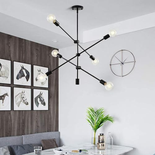 Mengjay Pendelleuchte Esstisch Deckenlampe Wohnzimmer - Deckenleuchte Hängend Wohnzimmerlampe Vintage Hängelampe 6 Flammig E27 Hängeleuchte Schwarz Industrial für Schlafzimmer Esszimmer Küche