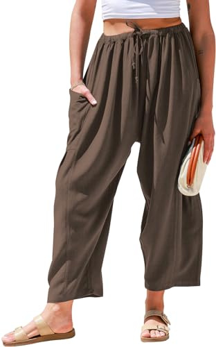 TARSE Womens Linen Wide Leg Pants Casual Loose Drawstring Low Waist Beach Palazzo Harem Pants with Pockets(Coffee,L)