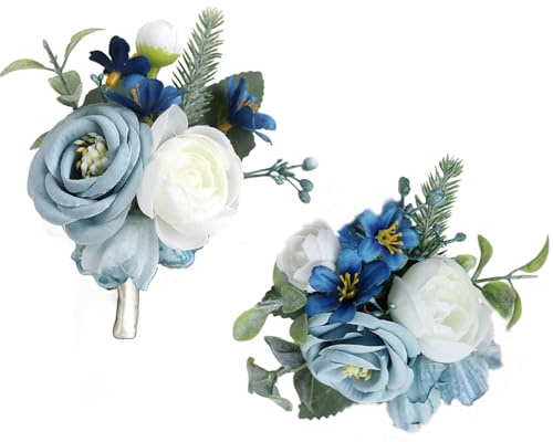 Floraest Wrist Corsages for Weddings Sets, 2PCS Corsages and Buttonholes for Wedding, Artificial Rose Flowers Boutonniere for Ceremony Prom Party Accessories (Blue)